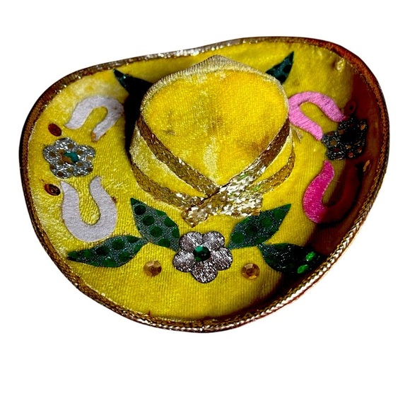 MEXICO MINI SOMBRERO MARIACHI HAT YELLOW VELVET w/  SEQUINS 9” Great for a dog - Picture 5 of 5